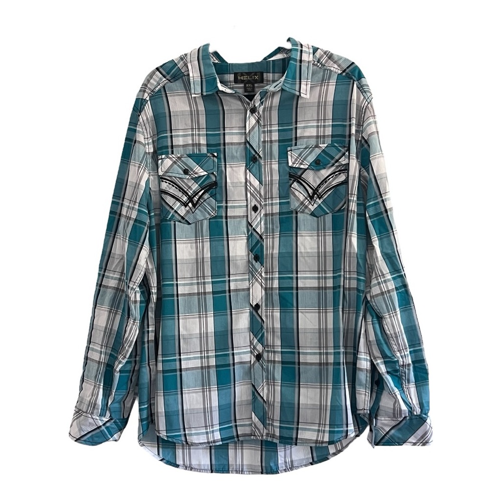 Helix plaid men’s casual button down shirt shoulder and pocket designs XXL